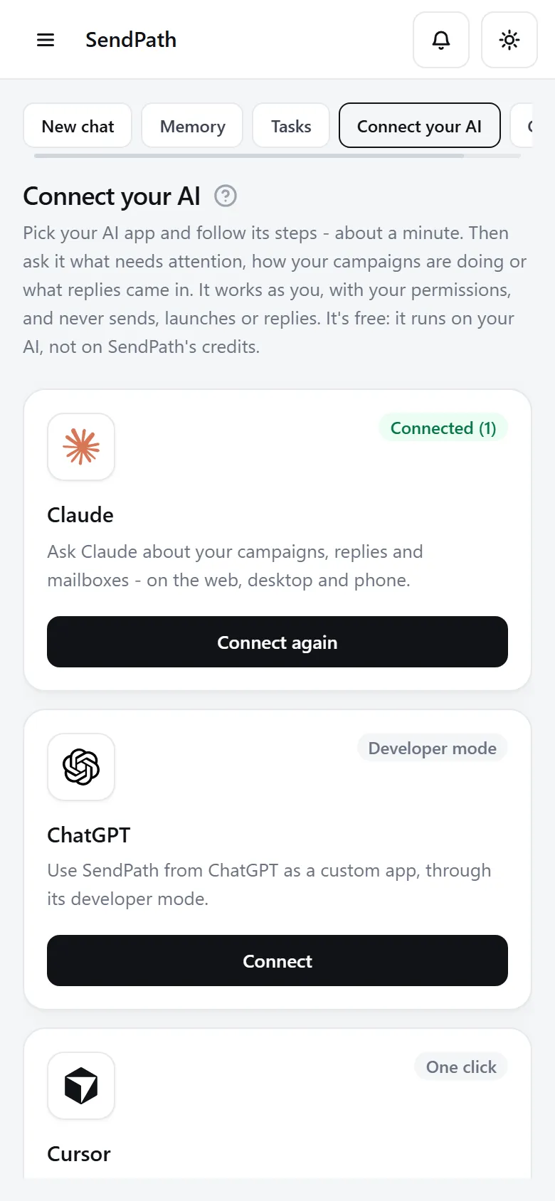Connect your AI: a card for Claude, ChatGPT, Cursor, VS Code, Claude Code and other apps, and the connected apps below.
