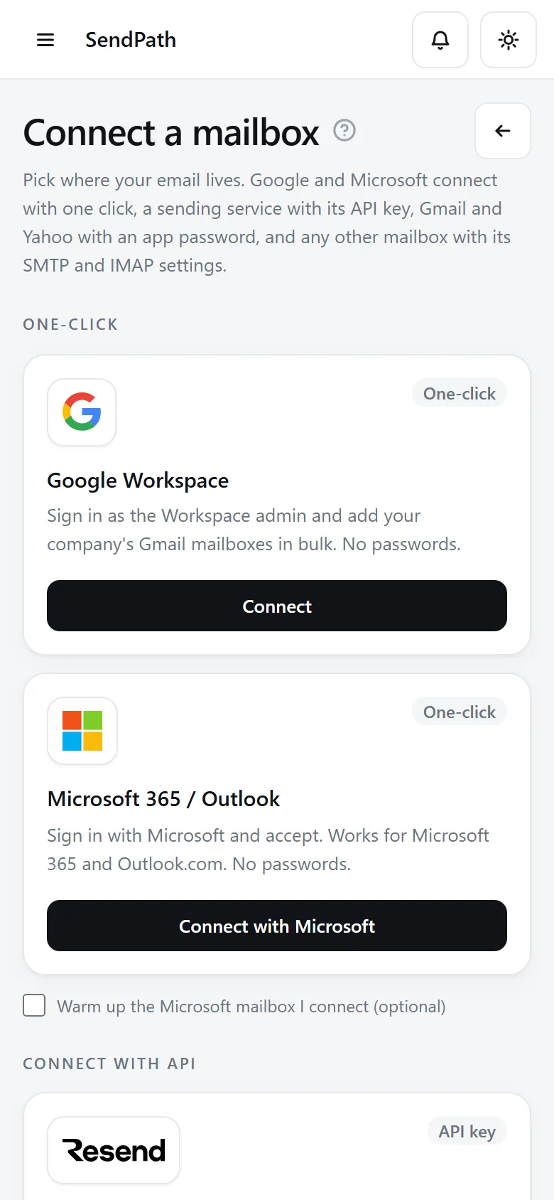 Connect a mailbox: one-click cards for Google Workspace and Microsoft 365, then sending services with an API key.