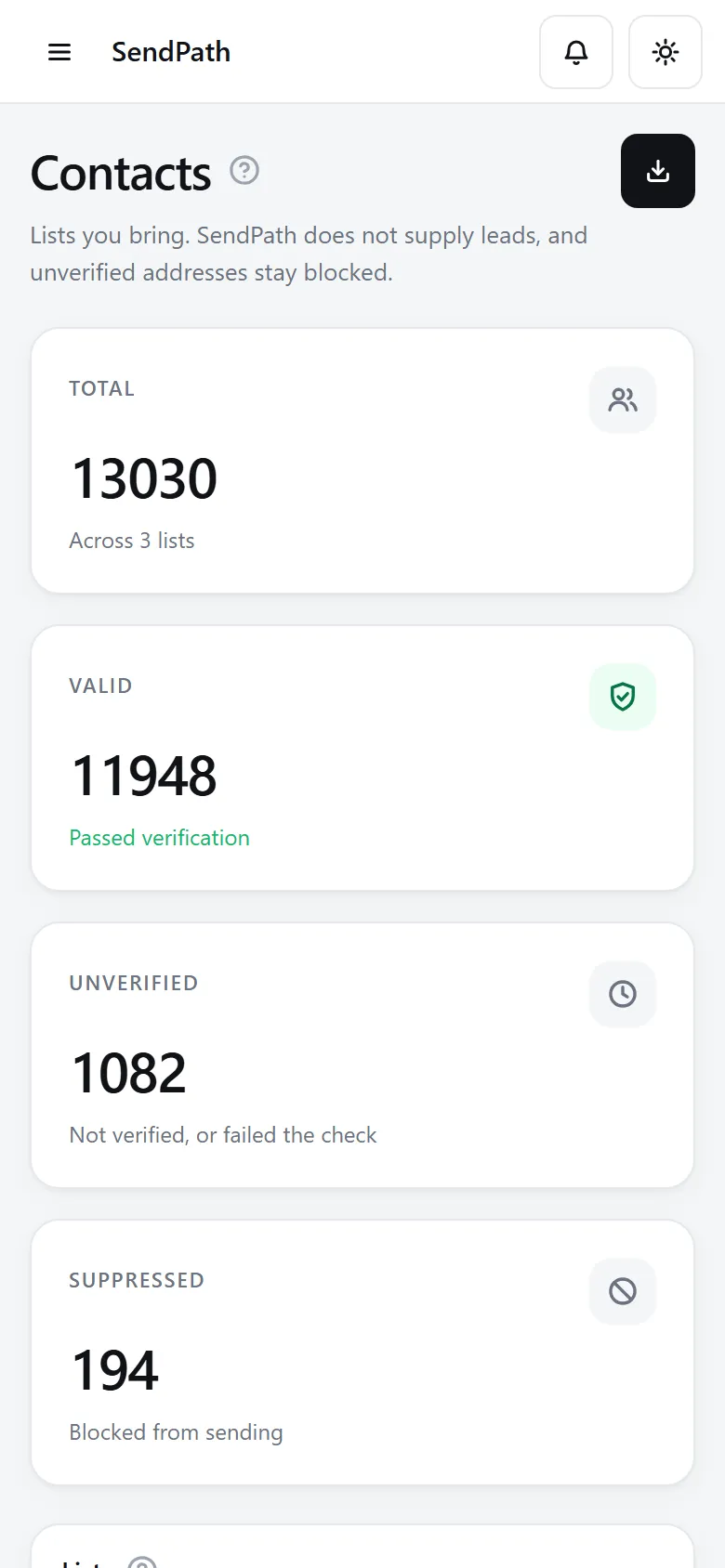 The Contacts page: totals, the lists with their menus, and Import list at the top right.