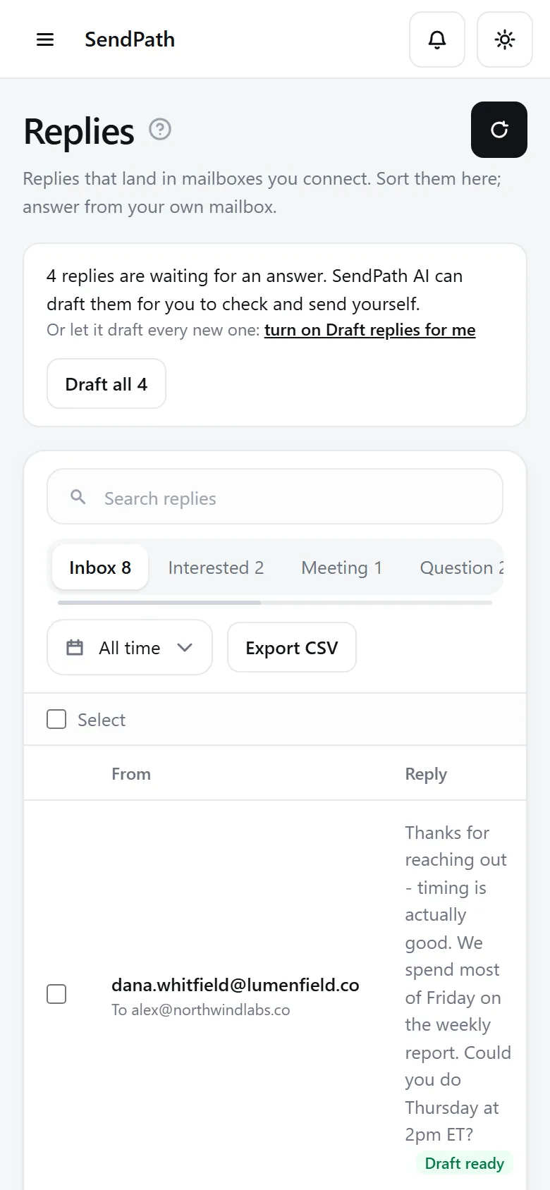 The Replies page: tabs for Inbox and each label, and each reply with its label and one-click buttons.
