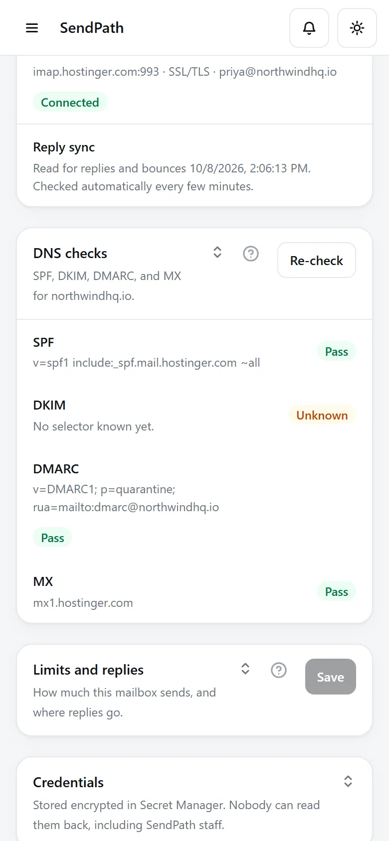 A mailbox's DNS checks: SPF, DMARC and MX pass, DKIM is unknown, with a Re-check button.