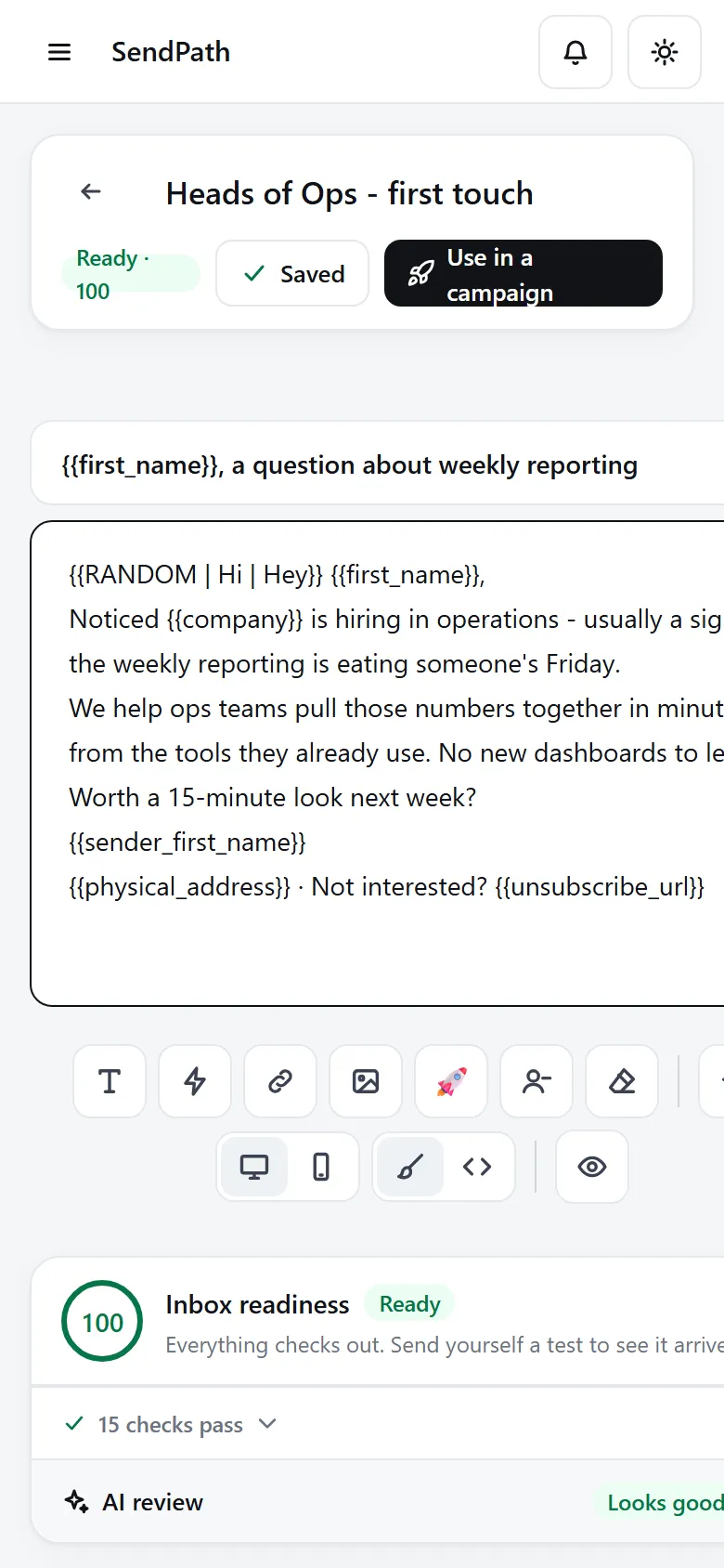 The template editor: subject, body with variables, the toolbar below, and Inbox readiness, AI review and Test email on the right.